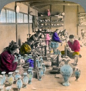 Decorating Awata porcelain ware in the famous Kinkosan works, Kyoto, Japan