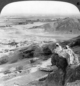Looking south over the Theban plain and Temples of Medinet Habu, Egypt