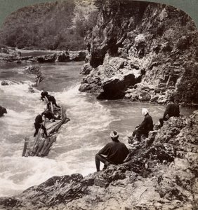 Men on a Log Raft, Shooting the Hozu Rapids on the Katsura River, Kyoto, Japan, 1904