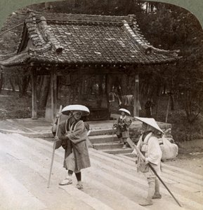 Women pilgrims on the steps of Omuro Gosho east, Kyoto, Japan, 1904