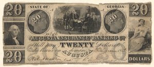 20 Dollar Bill Issued by the Augusta Insurance & Banking Co., Augusta, Georgia in 1858 with Engravings of Declaration of Independence after Trumbull, Washington after Stuart (?) by Unknown