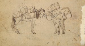 A View on the Tiber Near the Ripa Grande, Rome (Recto); Study for Two Horses Carrying Barrels (Verso) by Unknown