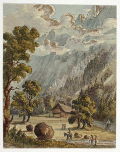 Chalet and Garden below Alps (front); Village & Glacier du Boissons, Chamix (back) by Unknown