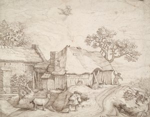Farm Buildings with Peasants, a Goat, and the Abduction of Ganymede