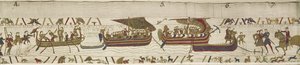 Harold crosses the Channel into the territory of Guy, Count of Ponthieu, where he is captured, Bayeux Tapestry