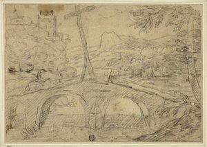 Landscape with Bridge over Gorge, with Mountains and Castle in Distance by Unknown