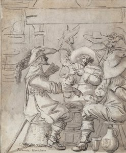 Men Playing Cards (recto); Inn Interior with Standing Man Smoking (verso) by Unknown