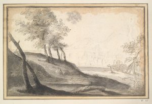 Mountainous landscape with trees and city in distance