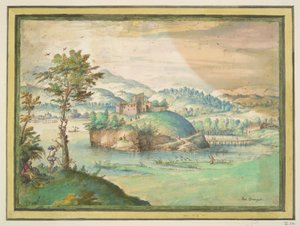 River Landscape with Man Climbing a Tree