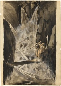 Three Monks Crossing a Bridge Over a Cataract