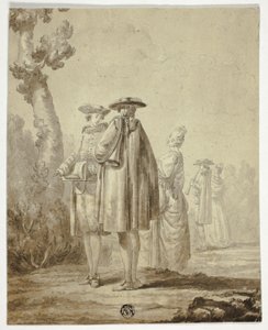Three Musicians and Two Ladies in Outdoor Setting