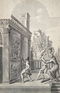 Unidentified Subject (three figures on a stage set?) by Unknown