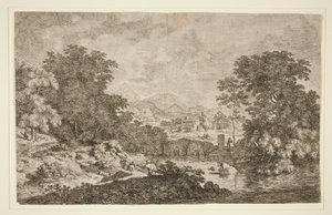 Untitled [Pastoral scene - mountainous landscape near body of water and five figures] by Unknown