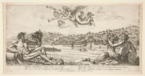 View of a City with Two Reclining River Gods and Fame Trumpeting Above with Two Coats of Arms by Unknown