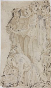 Woman and Nude Young Boy Surrounded by Figures by Unknown