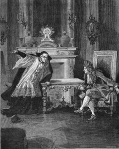 1715: the King of France Louis XIV (1638-1715) hearing the words of Father Michel Le Tellier (1643-1719), his Jesuit confessor. Engraving of the 19th century. In 