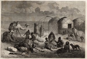 A Turcoman camp in the border area of Turkestan and Persia, each tent, made up of wooden trellis and covered with felt, houses a family. Engraving to illustrate the story of Henri de Blocqueville 