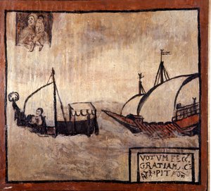 A barbaresque galley is chasing a boat of Neapolitan fishermen. Ex-voto of the 17th century. Madonna dell