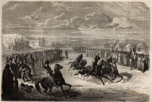 A contest of wrestling with bare hands and a horse race among the Turcomans, organized during the big public celebrations, the distance of the race is one kilometer, between three or four competitors, the winner receives a piece of cotton cloth