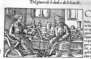 A couple playing dice. Engraving after Historia de gentis septemtrionalis by Olaus Magnus, Rome 1560.