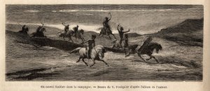 A funeral convoy in the Icelandic countryside, headed by a horse carrying the coffin, followed by about thirty people and a herd of dogs, shouting and barking throughout the day, stopping at each house to drink a glass of alcohol, so that the funeral proc by Unknown artist