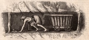A girl chained to a trolley full of coal and dragging it in an English coal mine by Unknown