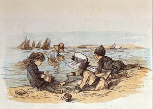 A group of children playing by the water on the sand. 1881 by Unknown artist