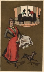 A laundry machine carrying laundry in a basket. Anonymous chromolithography, late 19th century. by Unknown artist