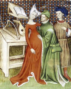 A Man is Holding a Woman (Pregnant?) in His Arms and with His Hand Resting on His Rounded Stomach. Another Character is Watching the Scene. Behind Them a Score is Placed on a Desk with a Lute and a Harp. 15th Century Miniature