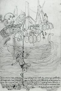 A man tries to repair the hull of a boat with a mask by Unknown artist