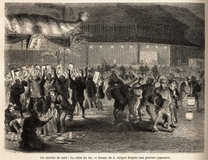 A night walk in Edo (Tokyo), the rice auction, sale to the encheres of a harvest, which creates a tumultuous gathering in front of a building surmounted by a huge torch of braided straw, with a sign with gold letters and the coat of arms of the collector by Unknown artist
