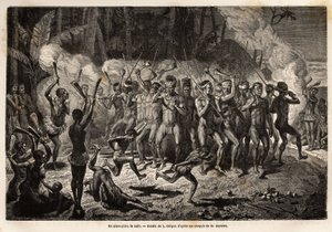 A pilou-pilou (or pill or pill) in the night, a traditional dance of kanak tribal ceremonies. Engraving to illustrate the voyage to New Caledonia, by Jules Garnier, civil engineer of mines, in 1863-1866, published in 