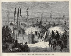 A village of Mandans Indians (or noumah ka kie: pheasants) on the left bank of Missouri, 600 leagues from the city of Saint Louis. Engraving to illustrate an excursion among the Indian tribes of the basins of Colombia and Upper Missouri, by G. Catlin, in 1 by Unknown artist