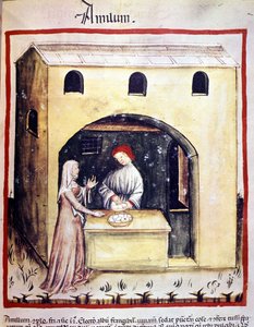 A Young Woman Buys Eggs from a Trader. Illumination from the Tacuinum Sanitatis by Unknown artist