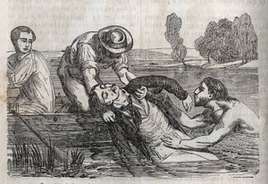 Accident medicine - on the most effective relief to be given to the drowned people - to remove a drowning man from the water, you have to do it as conveniently as possible - engraving in La Sante Universelle - Guide Medical des Families 1852 by Unknown artist