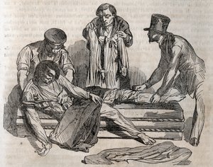 Accident medicine - on the most effective relief to be given to the drowned people - to undress as quickly as possible, you must tear the wet effects - engraving in La Sante Universelle - Guide Medical des Familles 1852 by Unknown artist