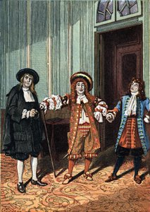 Act II of Le Bourgeois Gentilhomme comedy-ballet in five acts in prose by Moliere. The master philosopher (Mr. Lenoir), the master of dance (Mr. Truffier), Mr. Jourdain (Mr. Coquelin younger). Around 1890.