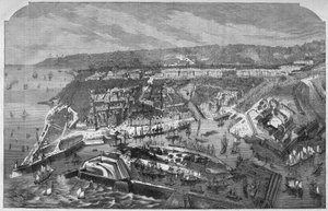 Aerial view of the port and the city of Le Havre, Seine-Maritime, Normandy, France. Engraving in L