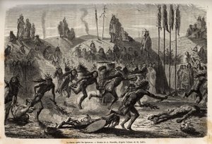 After the ceremony of self-giving to the Great Spirit, the young warriors embrace a frenetic and outflow dance, the weakest are trailing on the ground, among the Mandans Indians (or noumah ka kie: pheasants), on the left bank of Missouri. Engraving to illu