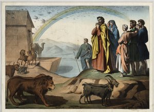 After the flood, the animals descend from the ark. On the right: Noah, his wife, his three sons (Shem, Sham and Japhet) and their wives. At the bottom, the rainbow (symbol of the order of creation concluded between Noah and God). Anonymous engraving from t by Unknown artist