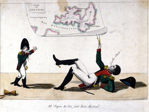 Ah, Dad, you hurt yourself. Cartoon on the exile of Napoleon Bonaparte on the island of Elba by Unknown artist