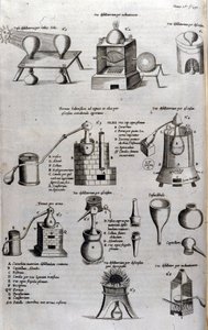 Alchemy: board representing different models of distillation apparatus and stills. Athanase Kircher (1602-1680), German Jesuit. 17th century engraving by Unknown artist