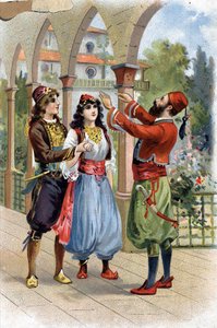 Ali Baba. (Ali-Baba) (Tales of the Thousand and One Nights): To reward Morgiane, Ali Baba gives her in marriage to his son. Chromolithography of the 19th century by Unknown artist
