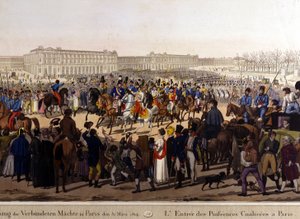 Allies Entered Paris on 31 March 1814 (Russia Alexander I, the Austrian Emperor Francis Joseph I and the Prussian King Frederick William III) 19th Century Engraving by Unknown artist