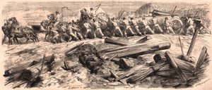 Amid the ruins, a team of six horses towing a heavy artillery piece, a group of soldiers accompanied the gun while two others lead the horses with a whip by Unknown