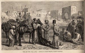 An accountant of the Khan receives delivery of the heads of enemies and hostages. Engraving in Le tour du monde, edited by Edouard Charton