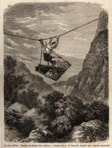 An air ferry, path above the valleys, a kind of string basket is suspended from a rope, for the transport of men and materials, its displacement is done by the strength of the arms, pulling the suspension rope. Engraving to illustrate the voyage to Japan