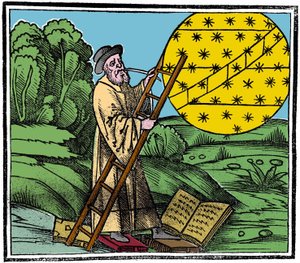 An astronomer putting a ladder to climb into the sky. by Unknown artist