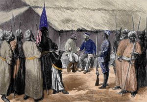 An encounter between David Livingstone, an English missionary and explorer of Africa, and Henry Morton Stanley, Welsh journalist and explorer of Africa, in a village in Central Africa