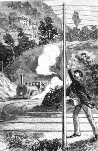 An engraving depicting a train worker sending an emergency signal on a railway telegraph by Unknown artist